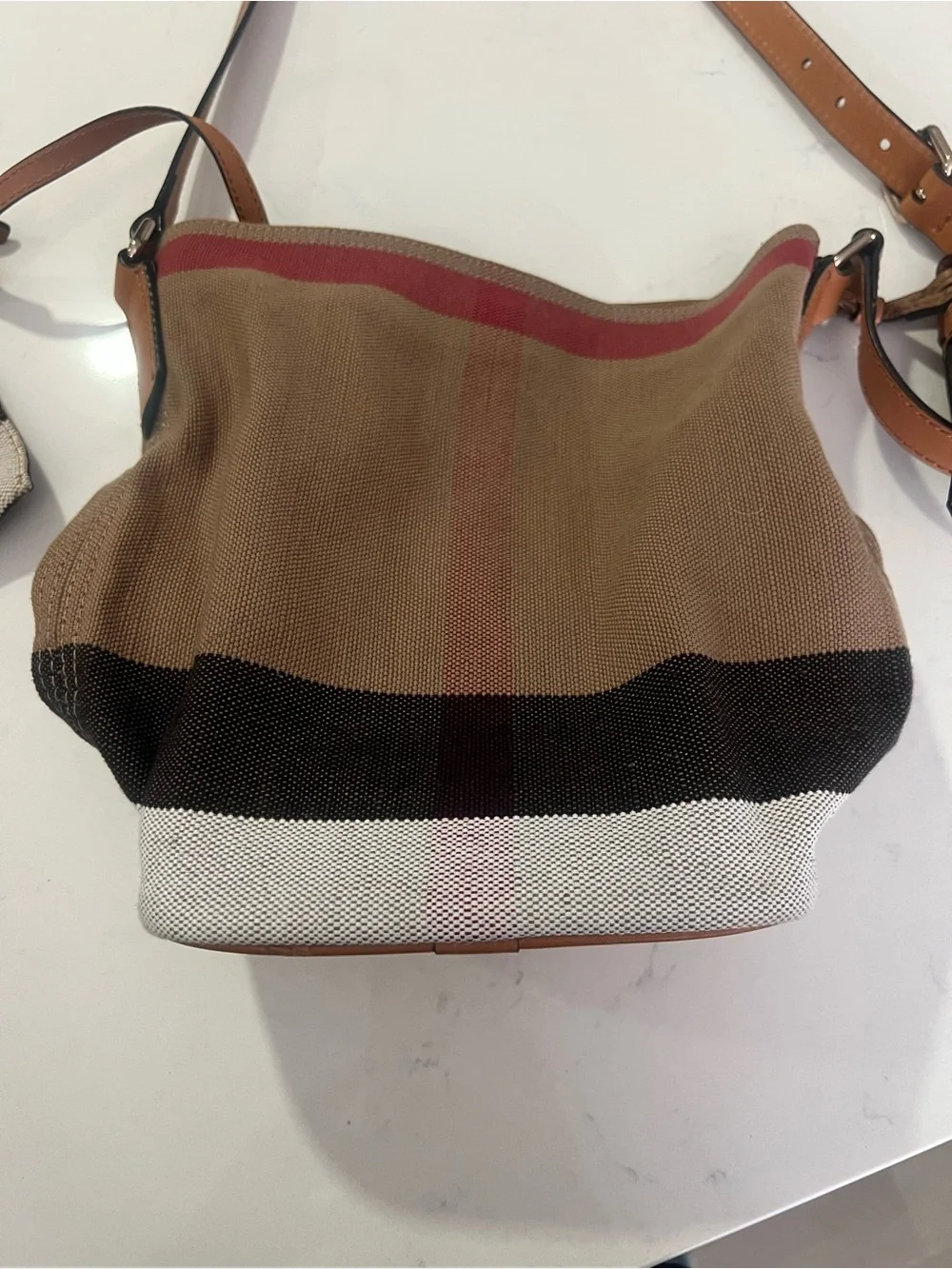 Burberry Beige, Brown and Red Check Crossbody Bag with Leather Trim